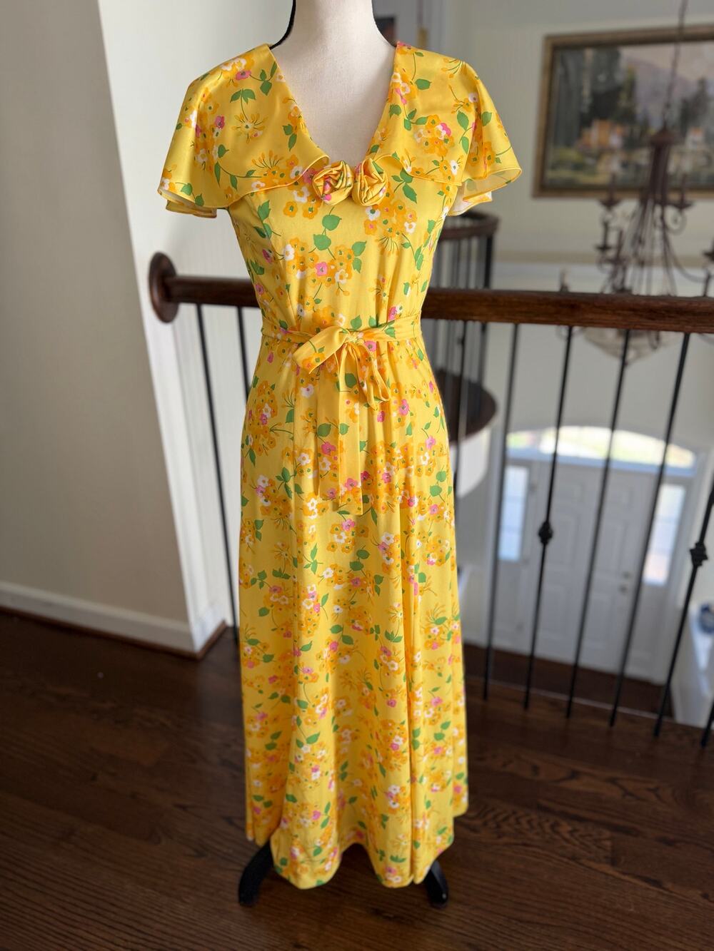 Vintage 70s Kitty Yellow Pink Green Floral Ruffle Collar Boho Cottage Maxi Dress